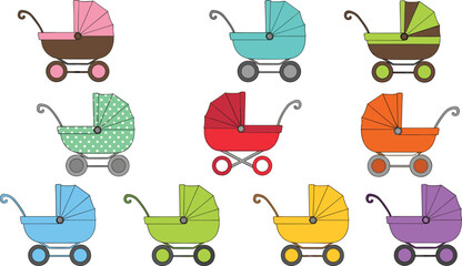Baby Stroller Cartoon Set with Colorful Prams and Carriages for Newborn Transportation Cute Infant Buggy Collection Vector Illustration