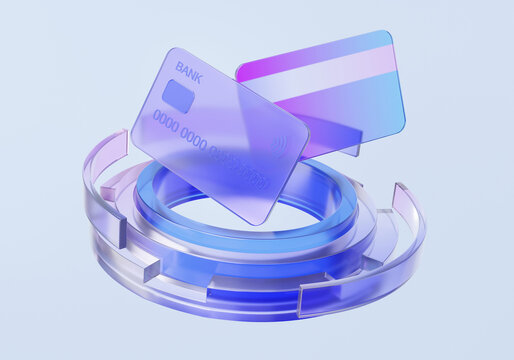 Futuristic refraction graphic design credit card payment technology transaction online on pastel background. gradient glass security network account ecommerce trensfer data. 3d render illustration