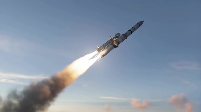 Rocket launching from a launchpad with flames and smoke featuring launch, space, explosion with fire and technology elements for science, astronomy