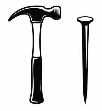 Claw hammer and nail vector illustration, featuring a carpenter&rsquo;s hammer with metal nail, ideal for construction, woodworking, DIY, and tool-themed vector graphics.