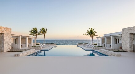 Fototapeta premium Beautiful infinity pool overlooking ocean with palm trees and white buildings