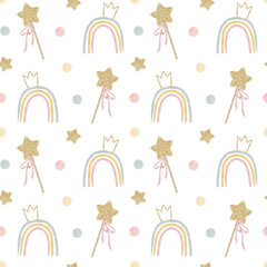 Obraz premium Watercolor rainbow wand crown seamless pattern background. Pastel magic princess nursery wallpaper. Gold star cute baby girl birthday textile.