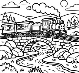 Naklejka premium Black and white vector art of smiling steam train crossing stone arch bridge over flowing river in countryside landscape with trees hills and clouds