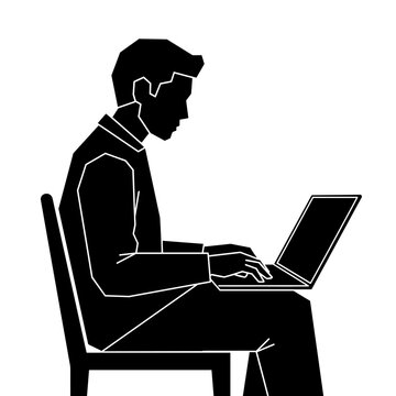 Focused Professional on Laptop in Office Illustration: Silhouette of a Man Typing, Working Remotely, Concentrating, Business Technology Concept, Corporate Style, Modern Design, Graphic Resource, Remot