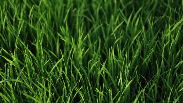 Close-up of green rice field, fresh green grass swaying in the wind