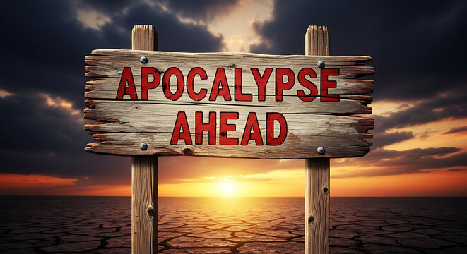 Dramatic warning sign 'APOCALYPSE AHEAD' against a desolate cracked earth landscape at sunset, foreshadowing global environmental crisis