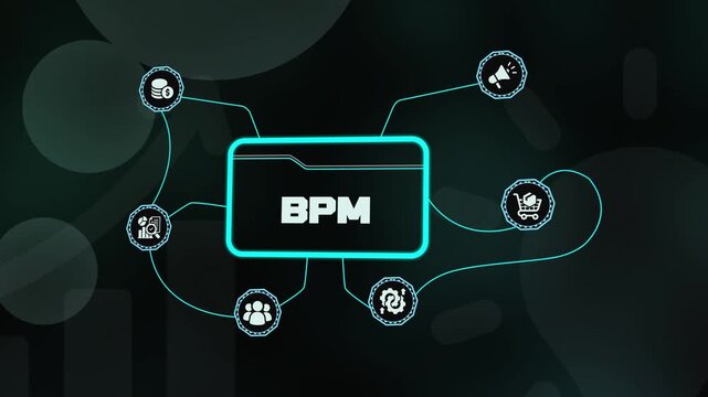 BPM business process management infographic with glowing icons for workflow optimization and operational efficiency.