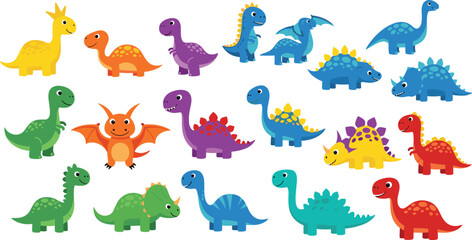 Cute Cartoon Dinosaur Set with Colorful Baby Dinosaurs Including Stegosaurus Triceratops Pterodactyl and Brontosaurus Kids Vector Illustration Collection © Sanjida