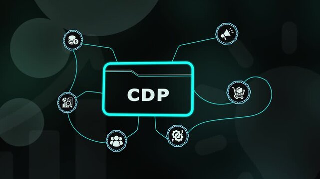 Innovative CDP customer data platform infographic showing glowing icons for information gathering and user insights