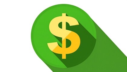 Obraz premium A cartoon dollar symbol in gold, centered on a bright green circular shape, with a long shadow to the bottom right and a white background