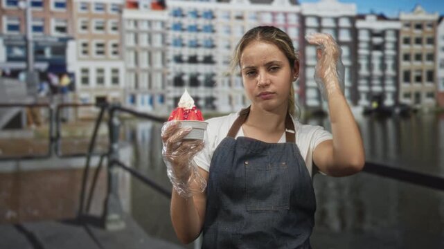 Young woman holding a strawberry dessert cup topped with whipped cream in gloved hand while pressing other hand to her head on street beside an amsterdam canal with row houses; work fatigue.