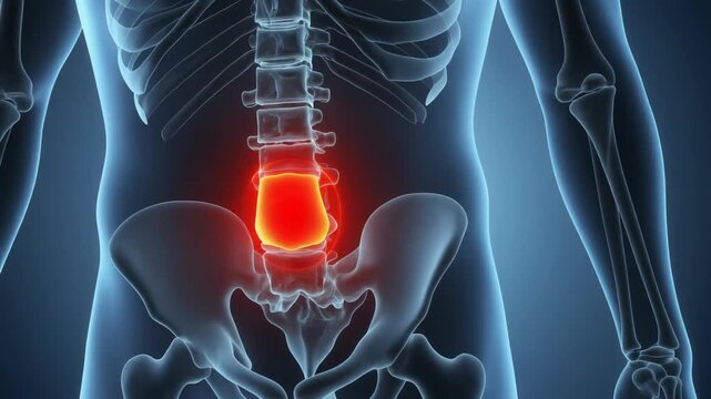 Human skeleton with highlighted lower back.