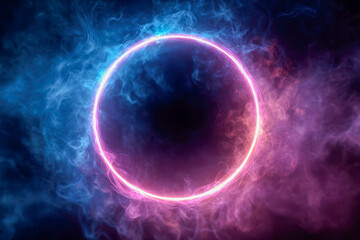 Glowing neon ring surrounded by swirling blue and purple smoke creating a mystical and futuristic atmospheric effect in the dark background