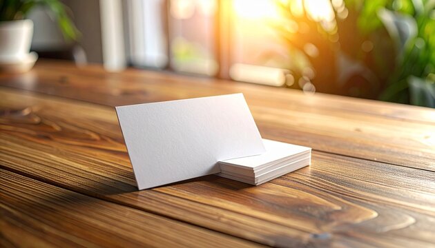 Blank Business Cards Stacked on Wood Table with Sunlight.