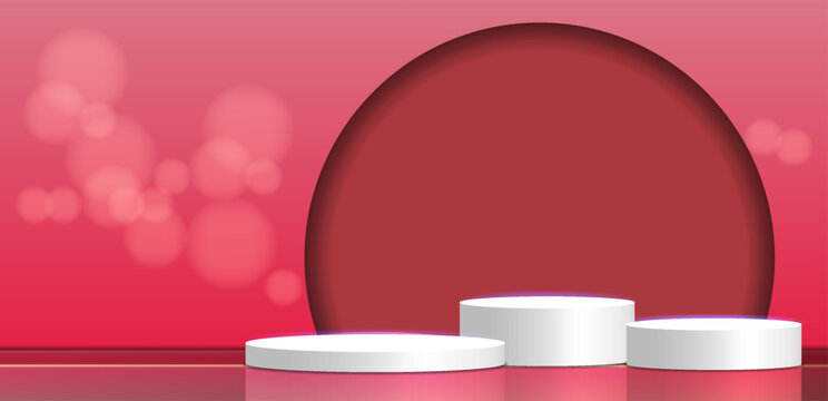 Modern 3D rendering of three white cylinder stages for product presentation. Minimalist composition with a reflective floor, red and pink gradient background, abstract circle, and soft bokeh lights.