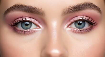 Obraz premium Close up of woman's face with blue eyes and pink eye makeup