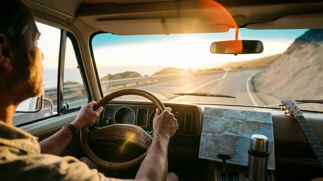 Man driving his camper van along a coastal road at sunset. Traveler navigating with a paper map during a scenic road trip. Eco tourism and adventure journey concept.