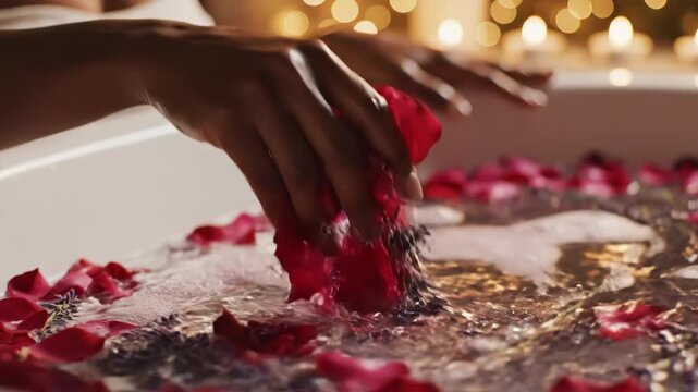 Woman relaxing in rose petal bath.