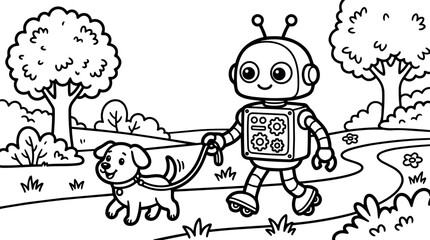 Fototapeta premium Cute robot walking happy dog on leash through park path with trees and flowers smiling friendly cartoon vector art