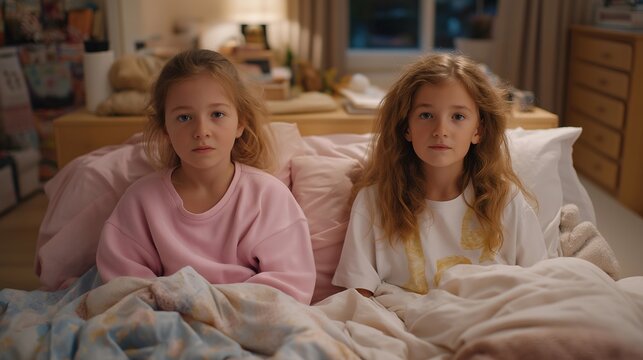 Two stepsisters comparing completely different decorated halves of shared bedroom divided down middle, one side minimalist one chaotic, perfect for blended families, personal space, and modern