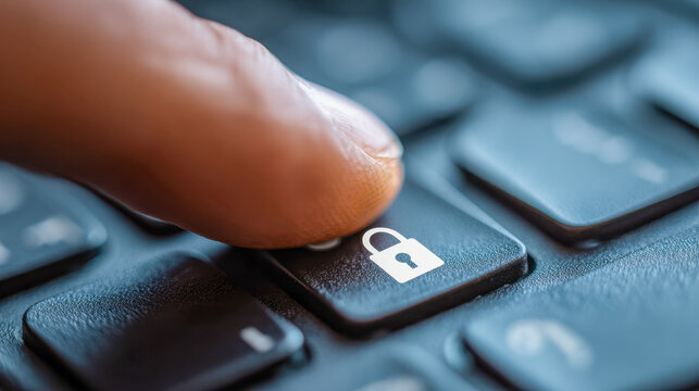 Finger pressing a key with a lock symbol on a computer keyboard symbolizing cybersecurity, data protection, and online privacy concepts in digital technology