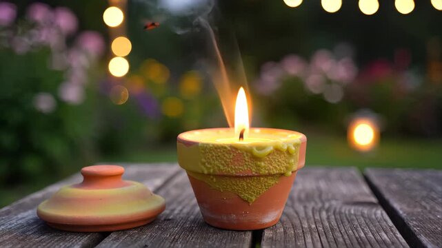 Close-up of a citronella candle burning on a wooden table outdoors. A steady flame flickers and thin smoke rises to repel insects. Warm string lights glow in the blurred garden background