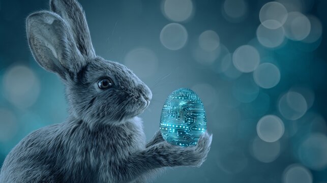 Enchanting easter moments with a bunny and a painted egg. Technology progress. Enchanting details: vibrant easter scene with bunny and egg. Digital intelligence. Ai development.