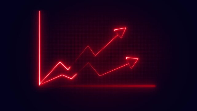 Two red neon line graphs showing upward trends against dark grid, Comparative data visualization for business and financial analysis, Ideal for multi-trend reports and presentations.