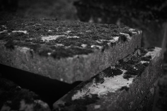 Old European Graveyard with tombstones, crosses and religious symbols, open tomb,  spooky atmosphere, black and white, Pere la Chaise Cemetery, Paris France