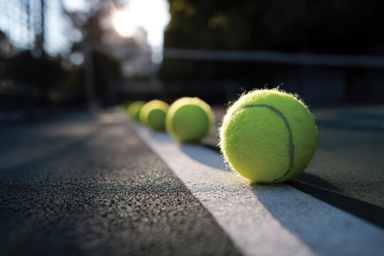 A close-up view of multiple bright yellow tennis balls perfectly arranged on the court, symbolizing readiness and the anticipation of an exciting match or practice.