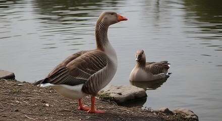Two geese standing on the shore of a body of water