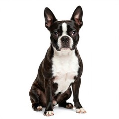 Fototapeta premium Boston Terrier Dog Sitting Isolated on White Background Studio Portrait