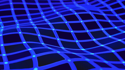 Naklejka premium Abstract blue grid with warped perspective and glowing nodes