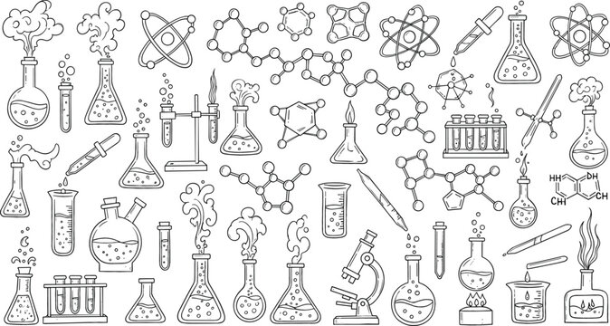 Hand drawn chemistry doodle set with laboratory glassware molecules atoms microscope and science experiment elements educational research vector illustration
