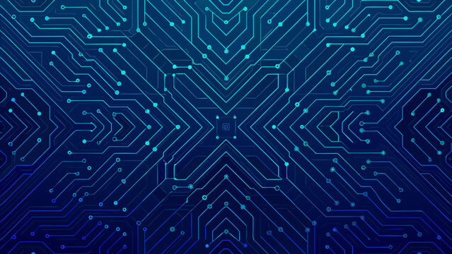 Abstract circuit board pattern with glowing blue lines and connections