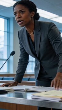 Vertical video: Leaning forward lawyer in gray suit arguing at hearing to persuade panel, with mic