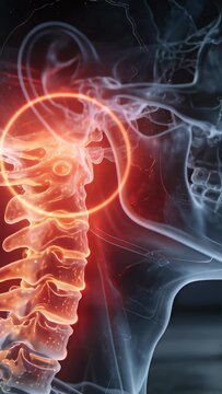 Vertical video: Appearing halo pulsing over skull and C1&ndash;C7 spine, highlighting upper neck in 3D