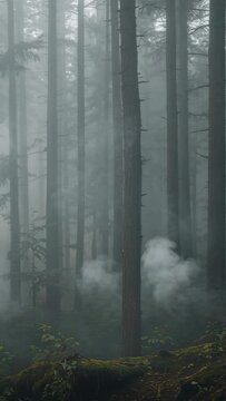 Cool air lifting mist, central trunk anchoring frame while fog drifting, creating depth for nature