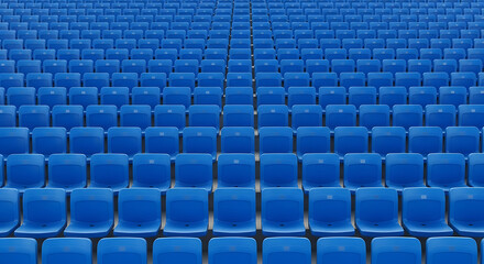 Naklejka premium Rows of empty bright blue stadium seats create a repeating geometric pattern