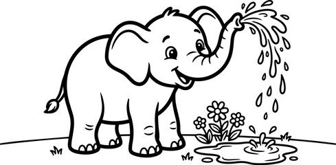 Fototapeta premium Cute cartoon baby elephant spraying water with trunk near puddle and flowers in simple black line art style