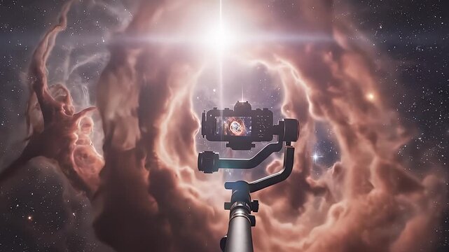 Camera On Gimbal Capturing Cosmic Nebula And Starfield