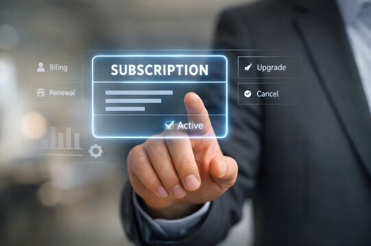 Person managing digital subscription plan on virtual screen interface with active status