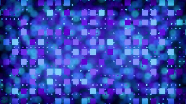 Abstract blue background with bokeh featuring a seamless geometric square pattern and colorful purple mosaic tile texture for a digital art wallpaper design