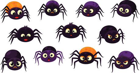 Cute cartoon spider character collection with different emotions, funny Halloween insects set, colorful spooky arachnid mascots for kids stickers and vector illustration
