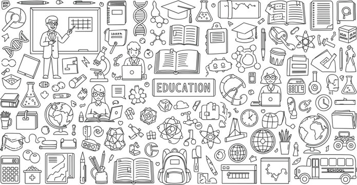 Education Doodle Background with School Supplies, Science Elements, Teachers and Students in Hand Drawn Line Art Vector Illustration Pattern