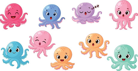 Cute kawaii octopus cartoon character set with different emotions colorful sea animals collection for kids stickers nursery design and playful ocean illustration © MbBasir
