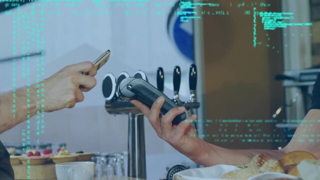 Animation of data processing over caucasian man paying with smartphone