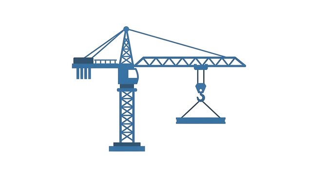 Blue industrial tower crane lifting heavy load construction site equipment icon isolated on white