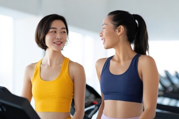 Naklejka premium Two female asian young adults in sports bras on treadmills smiling and talking during workout