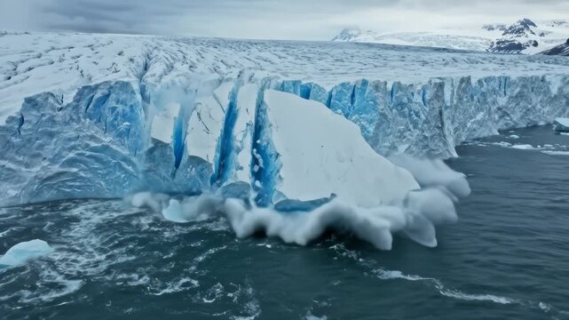 Massive Glacier Iceberg Breaking Off Into Ocean Water With Dramatic Sp